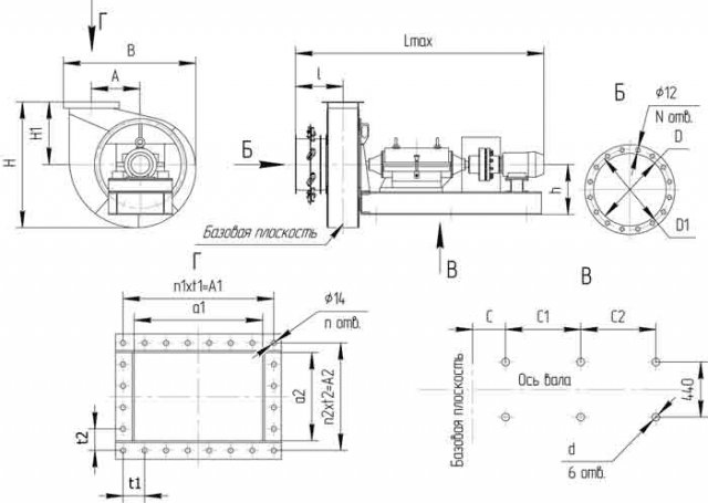 Габаритные размеры дымососа ДН №12,5 с эл.двигателем АИР 225 M4 55 кВт 1500 об./мин