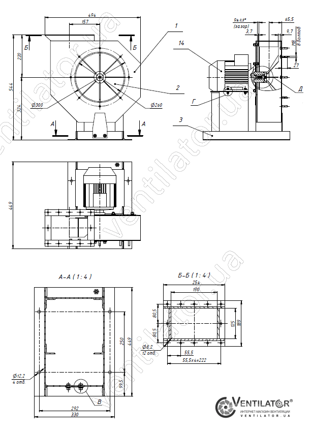 Габаритные размеры промышленного вентилятора ВЦП 5-45 №3,15