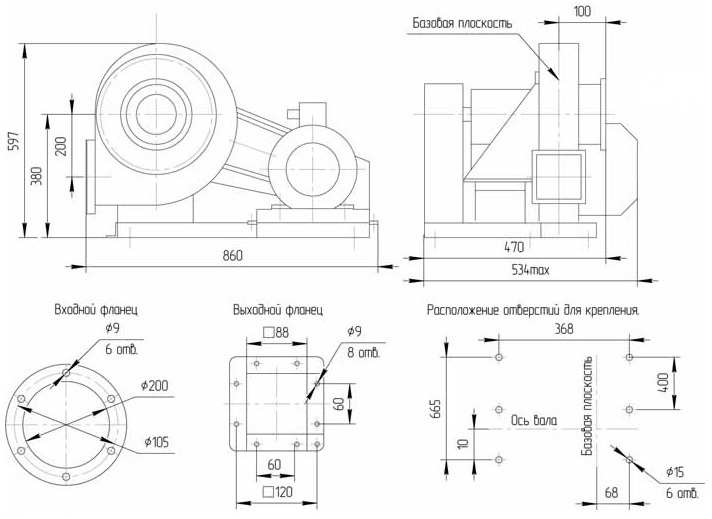 Габаритные размеры промышленного вентилятора АВД-3,5М с эл.двигателем АИР 112 М2 7,5 кВт 3000 об./мин