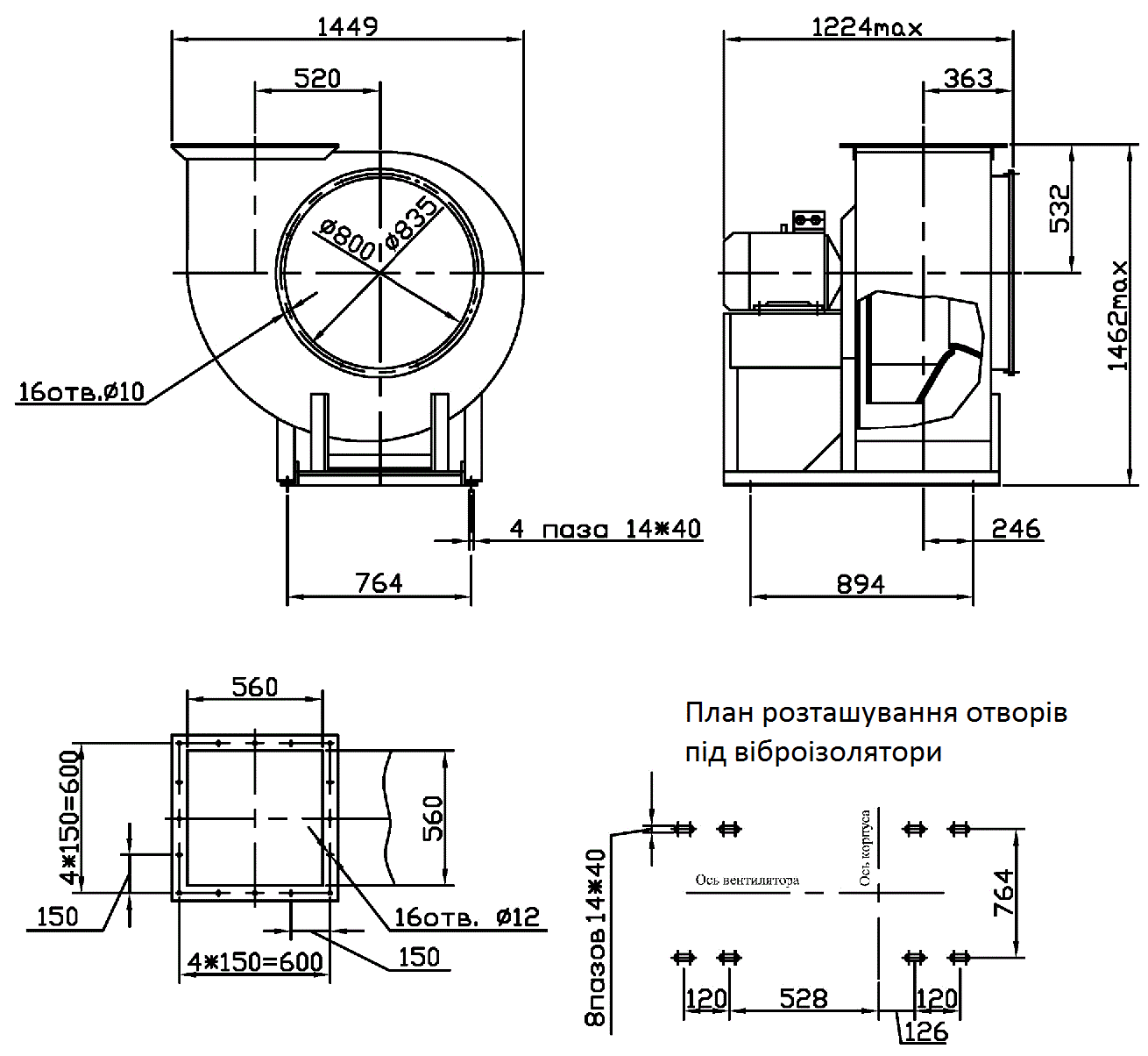 Габаритні розміри промислового вентилятора ВЦ 4-75 №8 з ел.двигуном АІР 112 MА6 3 кВт 1000 об./хв