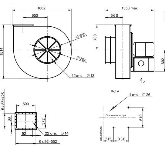 Габаритные размеры вентилятора ДН №10 с эл.двигателем АИР 180 M6 18,5 кВт 1000 об./мин