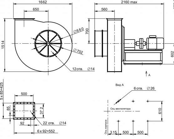 Габаритные размеры вентилятора ДН №10 с эл.двигателем АИР 180 M6 18,5 кВт 1000 об./мин