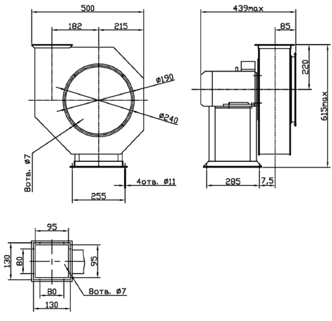 Габаритные размеры промышленного вентилятора ВЦ 10-28 (ВР 200-28) №3,15 с эл.двигателем АИР 100 S2 4 кВт 3000 об./мин
