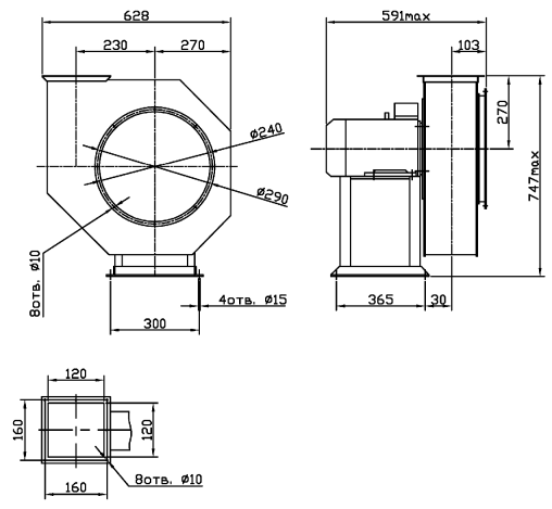 Габаритные размеры промышленного вентилятора ВЦ 10-28 (ВР 200-28) №4 с эл.двигателем АИР 90 L4 2,2 кВт 1500 об./мин