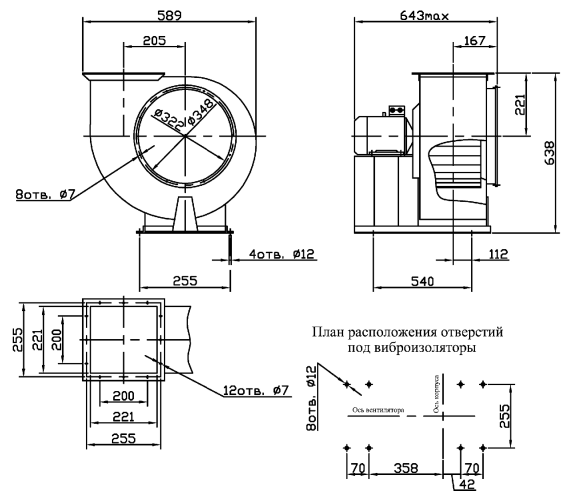 Габаритные размеры ВЦ 14-46 №3,15 с эл.двигателем АИР 80 B6 1,1 кВт 1000 об./мин