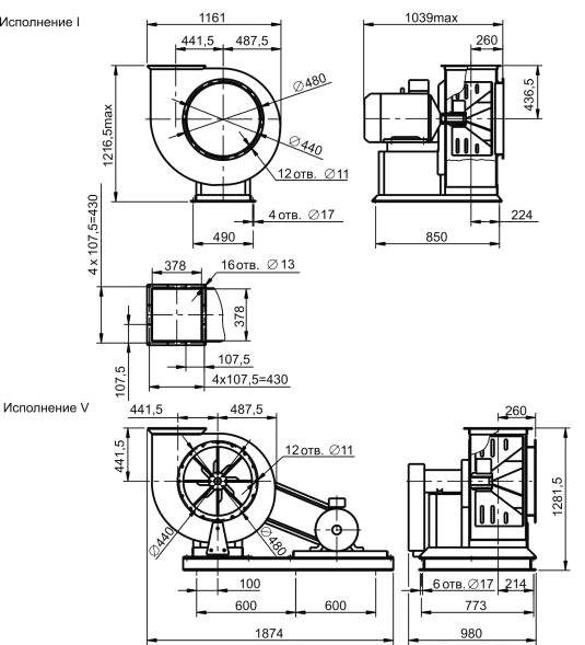 Габаритные размеры ВЦП 6-46 №6,3 с эл.двигателем АИР 200 M2 37 кВт 3000 об./мин