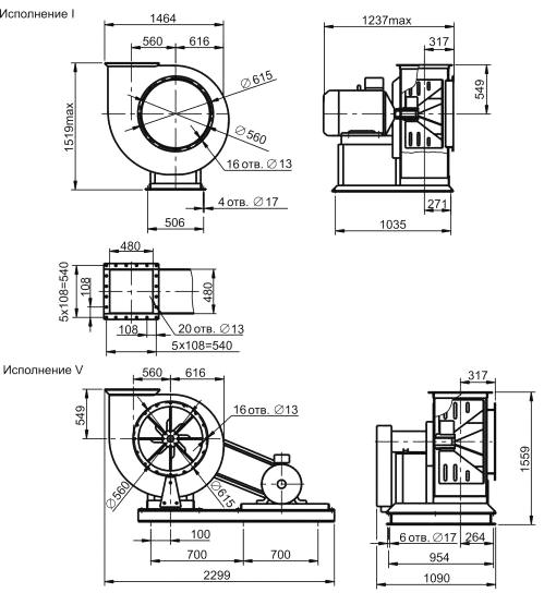 Габаритные размеры ВЦП 6-46 №8 с эл.двигателем АИР 180 M4 30 кВт 1500 об./мин
