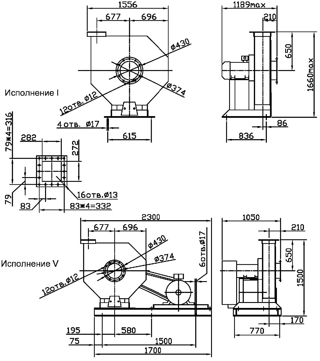 Overall dimensions of the industrial fan VVD №11