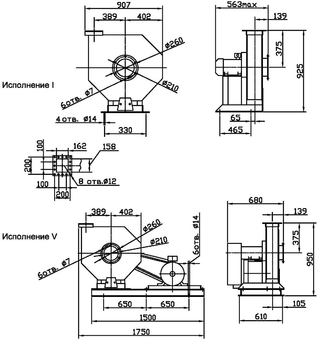 Overall dimensions of the industrial fan VVD №6,3